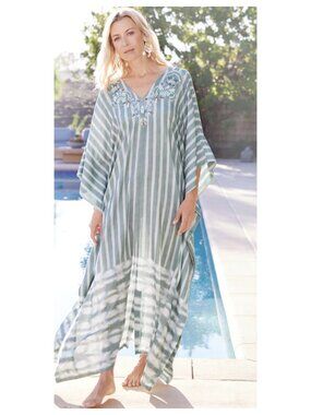 New Soft Surroundings Harbor Caftan Maxi Dress Floral Beaded Boho Coastal Beach